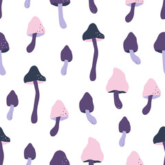 Vector seamless pattern with fairy-mushroom. Hand drawn fantasy fungi illustration. Cartoon whimsical amanita, toadstool background. Print for fabric, wrapping, digital paper.