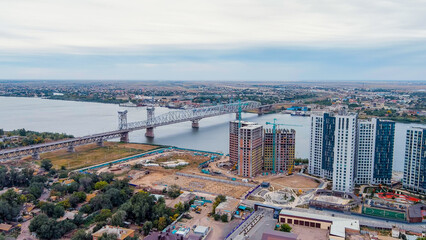 Astrakhan, Russia. Bridge over the Volga river. Old bridge. Twilight, Aerial View