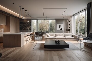 Modern house with sliding doors to the garden, generative ai