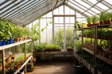 Fototapeta na wymiar Glass greenhouse, view from the outside. Generative AI