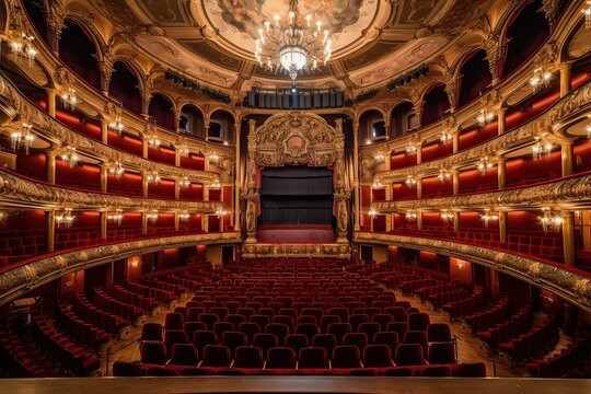 Luxury opera interior d&eacute;cor in golden retro splendor, generative ai