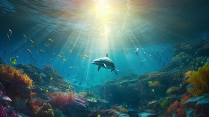 Fototapeta na wymiar Experience the Wonders of the Underwater World in Ultra HD: Dolphins, Sharks, Coral, and More Frolicing in Stunning Detail & Vibrant Colors, Generative AI