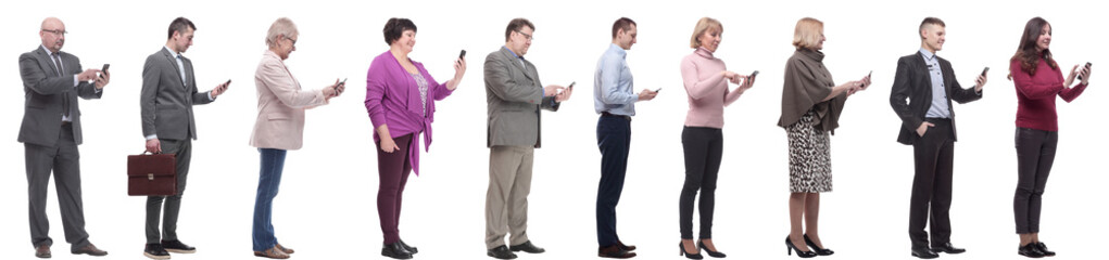 group of people profile holding phone in hand isolated