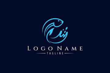 fish logo and fresh water splash in circle shape concept in flat design style filled with blue color