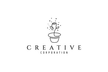 rose bud flower logo planted in pot with water bubble decoration on it in continuous one line design style