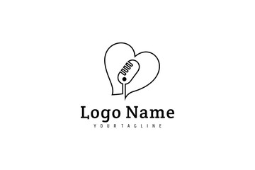 heart or love logo with podcast or recording mic in continuous line design style