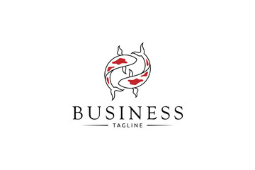 circular koi fish couple logo with red motif in simple flat design style