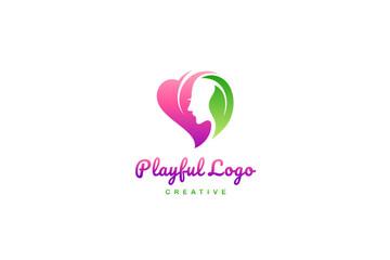 heart or love logo with beautiful woman and leaves in flat design style with pink and green colors