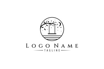 swing logo hanging on tree branch at night decorated with crescent moon and stars in circle frame