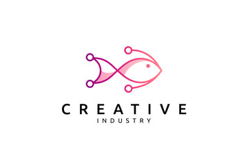 fish logo with technology variation in line art design style