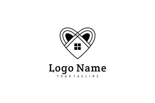 heart or love logo with house building combination in simple line design style