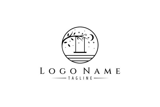 swing logo hanging on tree branch at night decorated with crescent moon and stars in circle frame