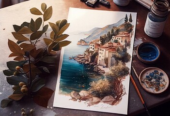 Watercolor painting of mediterranean landscape. Generative AI