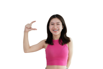 Asian woman with holding copyspace imaginary on the palm to insert an ad, Showing copyspace pointing, Showing her hand to present something on png file.