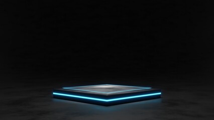 Sci-Fi Futuristic Podium, Futuristic blue Glowing Empty Showcase.Blank product pedestal for product presentation.Future background for design technology Sci-fi interior concept.3d Rendering.