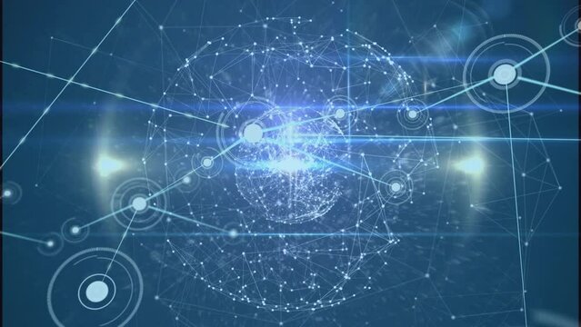 Animation of network of connections and light spots over globe against blue background