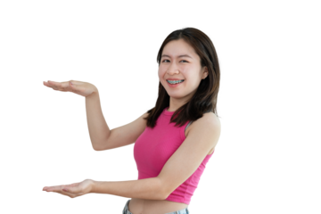 Asian woman with holding copyspace imaginary on the palm to insert an ad, Showing copyspace pointing, Showing her hand to present something on png file.