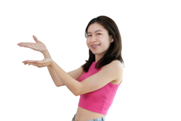 Asian woman with holding copyspace imaginary on the palm to insert an ad, Showing copyspace pointing, Showing her hand to present something on png file.