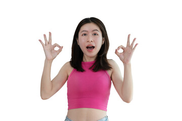 Obraz na płótnie Canvas Young asian woman over PNG backgroung doing ok sign with hands, OK symbol, Welcome, Agree, Join, Do as instructed, Follow orders, Acceptance of all conditions, PNG file.
