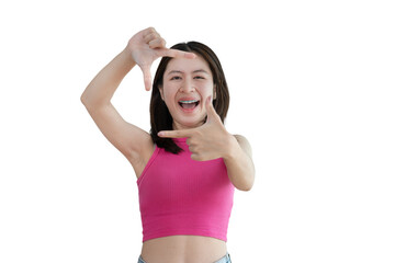 Playful young asian woman in good mood posing for photo or photo frame with fingers on PNG file,  Use your fingers to act like a photograph, Mark as if taking a photo.