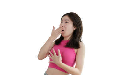 Asian woman acting shocked or surprised isolated on background,  Looking camera, Concept acts according to the emotions and feelings of excitement and shock, PNG File, Copy space.