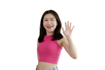 Waving hand in hi, Asian woman smiling friendly greeting, Hello,nice to meet you,say hi, Say hi and greet you, Welcome new people Join a multicultural team, Goodbye, Isolated on PNG file.