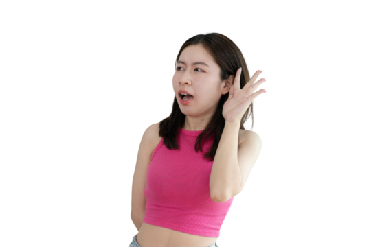 Asian woman eavesdropping or overhearing secret conversation isolated on background, Gossip, Listening, Background studio portrait, PNG file.