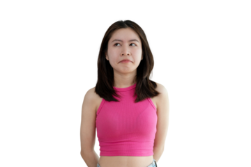 Woman made a grimace and was offended by the small matter, Sad face, Pouting sad expression, bored, Drama queen, Woman isolated from background, PNG file.