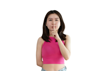 Asian woman doing silent gesture with finger, Noiseless signal transmission, Noiseless symbol, Hide a secret, Crossed hands, Do not speak, Shut your mouth, Isolated on PNG file.