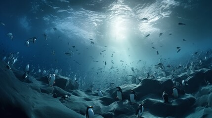 Fototapeta na wymiar Stunning Underwater Serenity: Tim Walker's Sony A9 Captures Penguins and Fish in a Tranquil Northern Seascape with Abstract Lighting and Texture, Generative AI