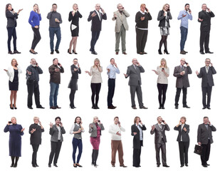 Fototapeta premium group of people holding phone in hand isolated