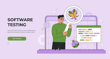 Software testing concept. Application development, coding and bugs searching. Digital analysis. Landing page template. Vector illustration isolated on purple background, modern flat cartoon style