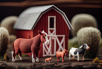 Red barn with farm animals. Generative AI