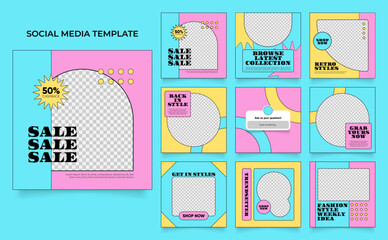 social media template banner fashion sale promotion in retro colorful color. fully editable instagram and facebook square post frame puzzle organic sale poster