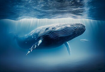 Baleine Bleue Sortant De L'océan Avec Une Montage Sur Le Dos. Generative AI