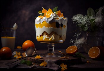 Orange pound cake trifle with cream cheese mousse. Generative AI