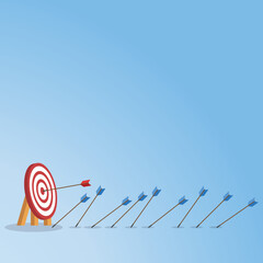 Business challenge failure and success concept. Blue arrows missed hitting target and only red one hits the center.	