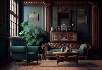 vintage living room made with generative ai with vintage furniture, decoration