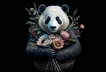 Illustration of a panda holding a bouquet of flowers anthropomorphic style with a transparent background. Generative AI