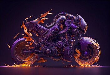 a futuristic, cyberpunk motorcycle in purple and orange. isolated against a gray backdrop. Generative AI