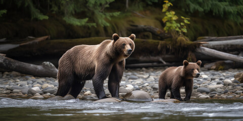 A mother bear stands in a river with a fish in her mouth while her two cubs watch. One cub stands on its hind legs trying to catch a fish. Generative AI.