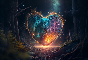 A magical heart serving as a time portal to a colorful aurora borealis in an enchanted forest - Generative Ai