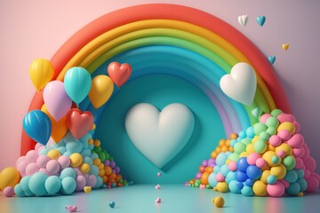 Generative AI of multicolored balloons and heart shaped rainbow in pastel colors