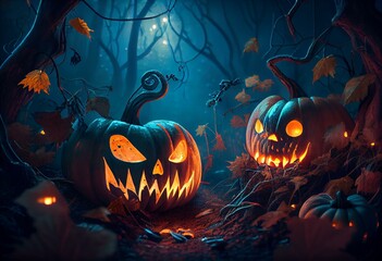 Scary Halloween pumpkins in the dark forest. Illustration for Halloween. Generative AI