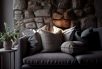 Light grey living room sofa with pillows in front of a natural stone wall. Generative AI