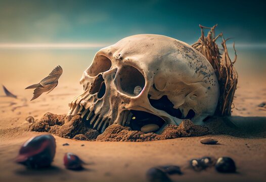 Skull on sandy ocean bottom with small fish cleaning some bones. Generative AI