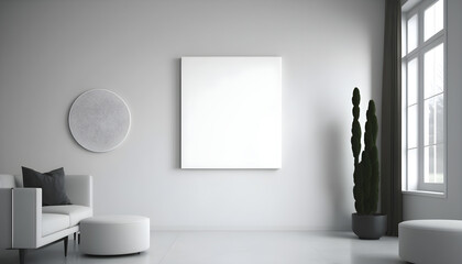 White empty canvas with simplicity and elegance. White canvas hanging on a wall with the room decorated in a Luxury contemporary interior design, Generative AI
