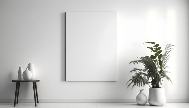 White empty canvas with simplicity and elegance. White canvas hanging on a wall with the room decorated in a Luxury contemporary interior design, Generative AI