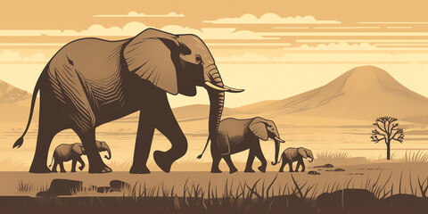 A family of elephants walk through a savannah landscape. mother leads with her trunk, while her baby follows closely behind. background has tall grass and trees. Generative AI.