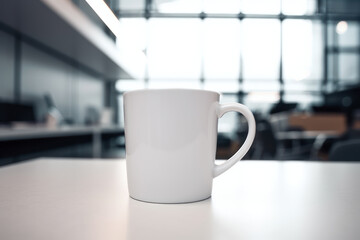 Mock-up of a white Nordic type mug on a table in a blurry office environment. Generative AI